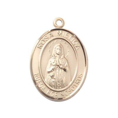 Large Spanish Rosa Mystica 14kt Gold Oval Medal Pendant, Deluxe Gift Box.