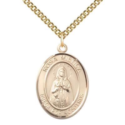 Large Spanish Rosa Mystica 14kt Gold Oval Medal Pendant with 14kt Gold Chain, Deluxe Gift Box.