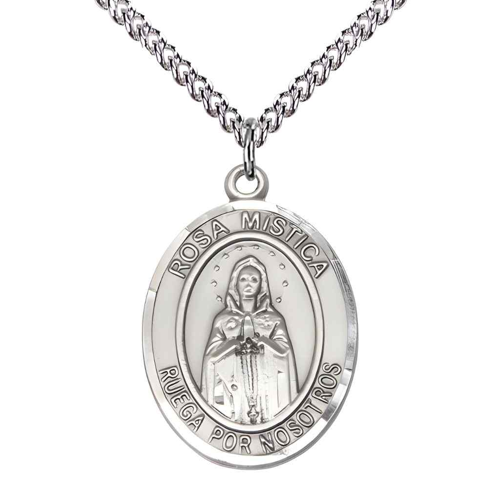 Large Spanish Rosa Mystica Sterling Silver Oval Medal Pendant with Sterling Silver Chain, Deluxe Gift Box.
