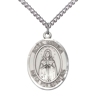 Large Spanish Rosa Mystica Sterling Silver Oval Medal Pendant with Sterling Silver Chain, Deluxe Gift Box.