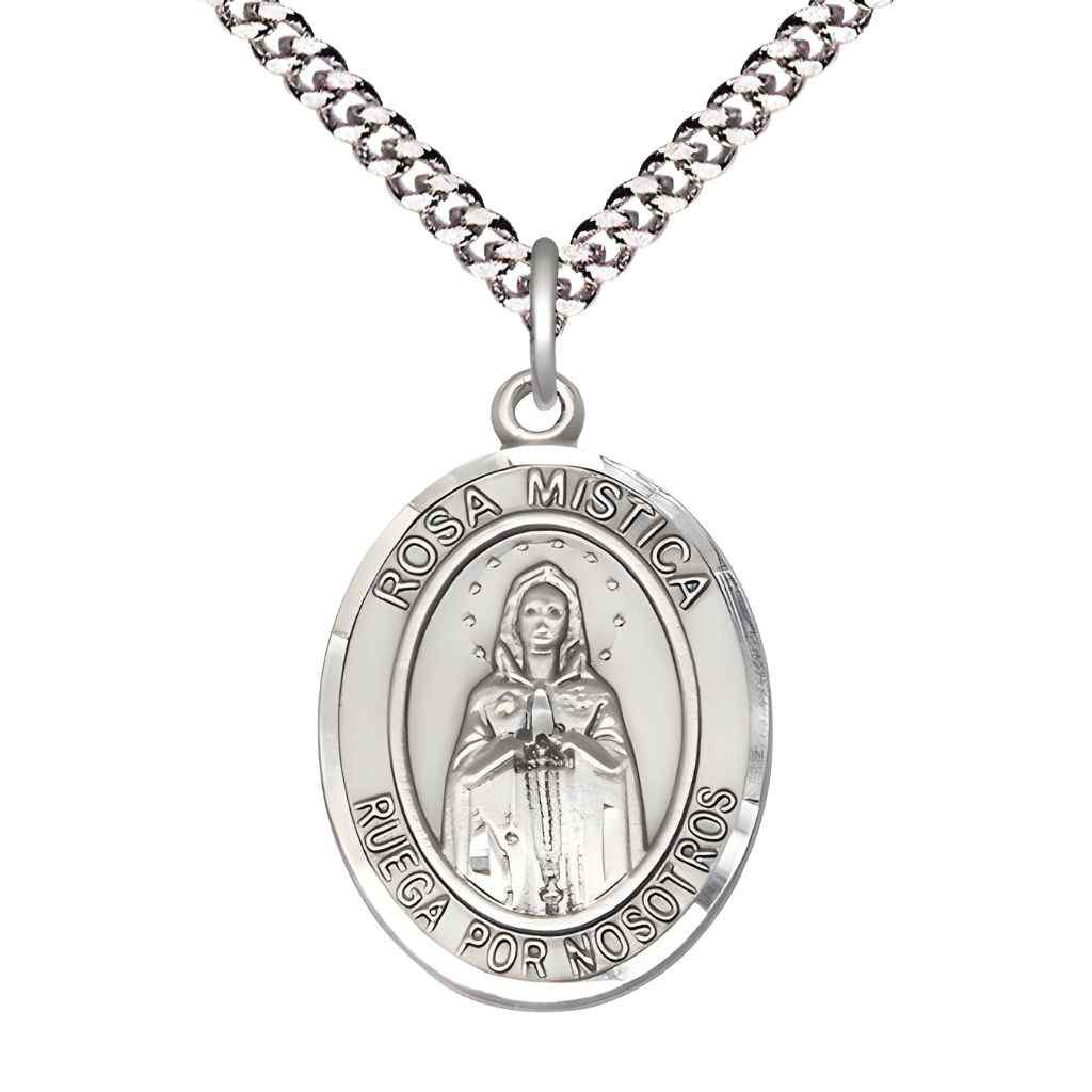 Large Spanish Rosa Mystica Sterling Silver Oval Medal Pendant with Rhodium-plated Chain, Deluxe Gift Box.