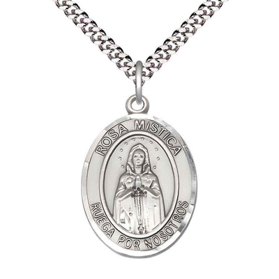 Large Spanish Rosa Mystica Sterling Silver Oval Medal Pendant with Rhodium-plated Chain, Deluxe Gift Box.