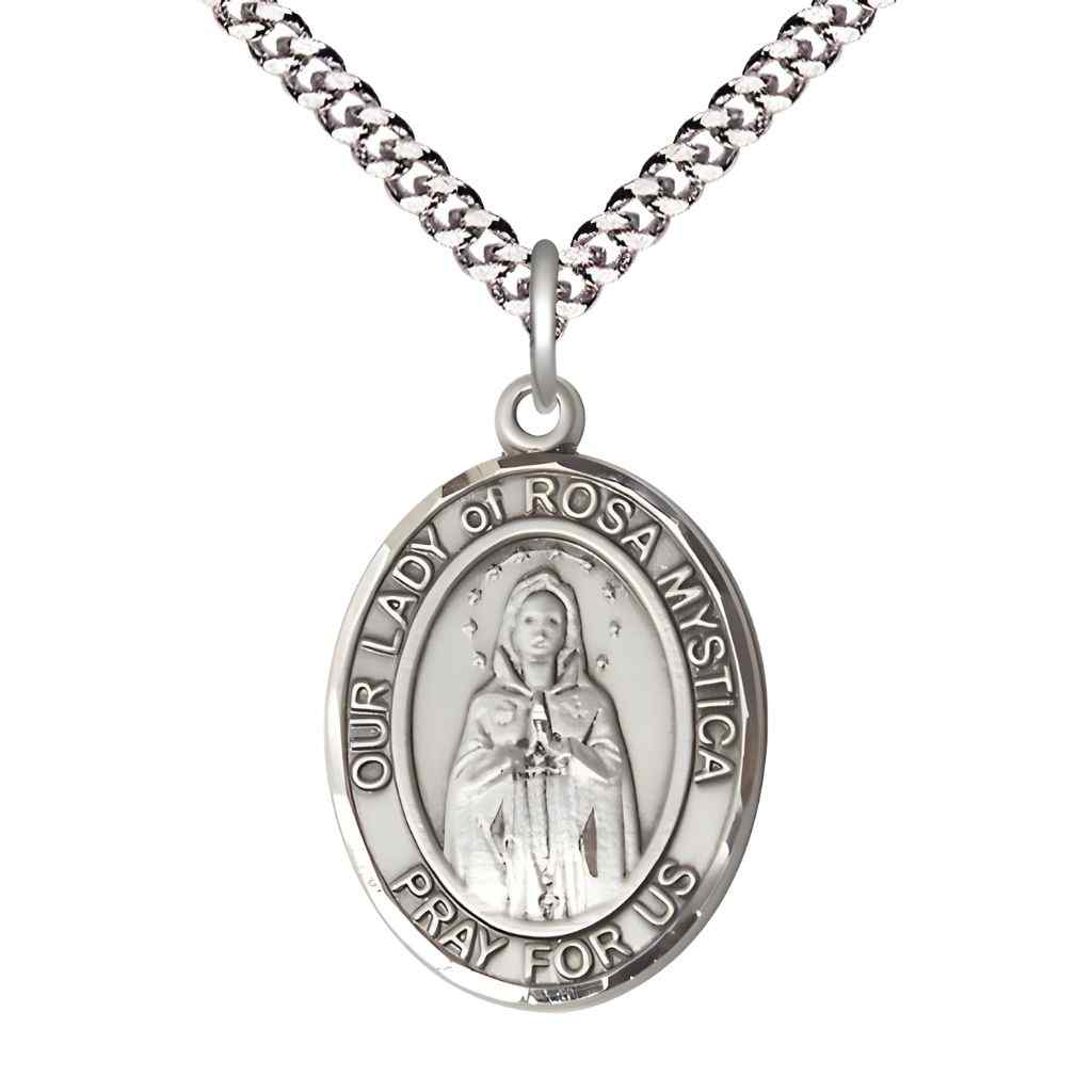 Our Lady of Rosa Mystica Sterling Silver Oval Medal Pendant with Rhodium-plated Chain, Deluxe Gift Box.