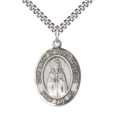 Our Lady of Rosa Mystica Sterling Silver Oval Medal Pendant with Rhodium-plated Chain, Deluxe Gift Box.