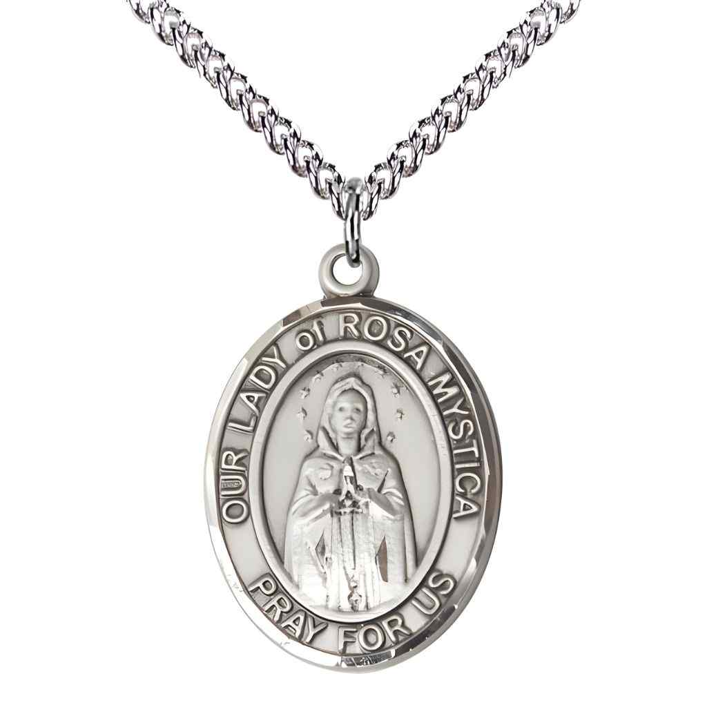 Our Lady of Rosa Mystica Sterling Silver Oval Medal Pendant with Sterling Silver Chain, Deluxe Gift Box.