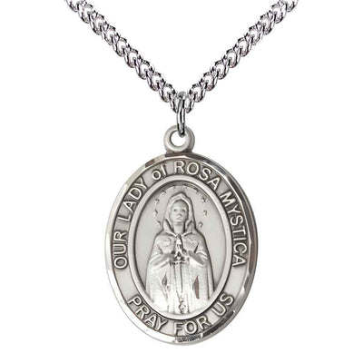 Our Lady of Rosa Mystica Sterling Silver Oval Medal Pendant with Sterling Silver Chain, Deluxe Gift Box.