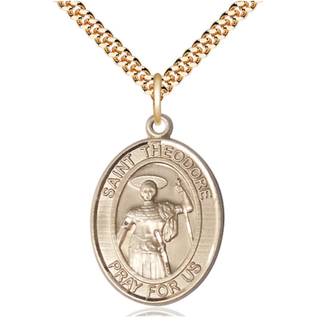 Bliss 14kt Gold Filled St Theodore Stratelates Pendant on a 24 inch Gold Plate Heavy Curb Chain,