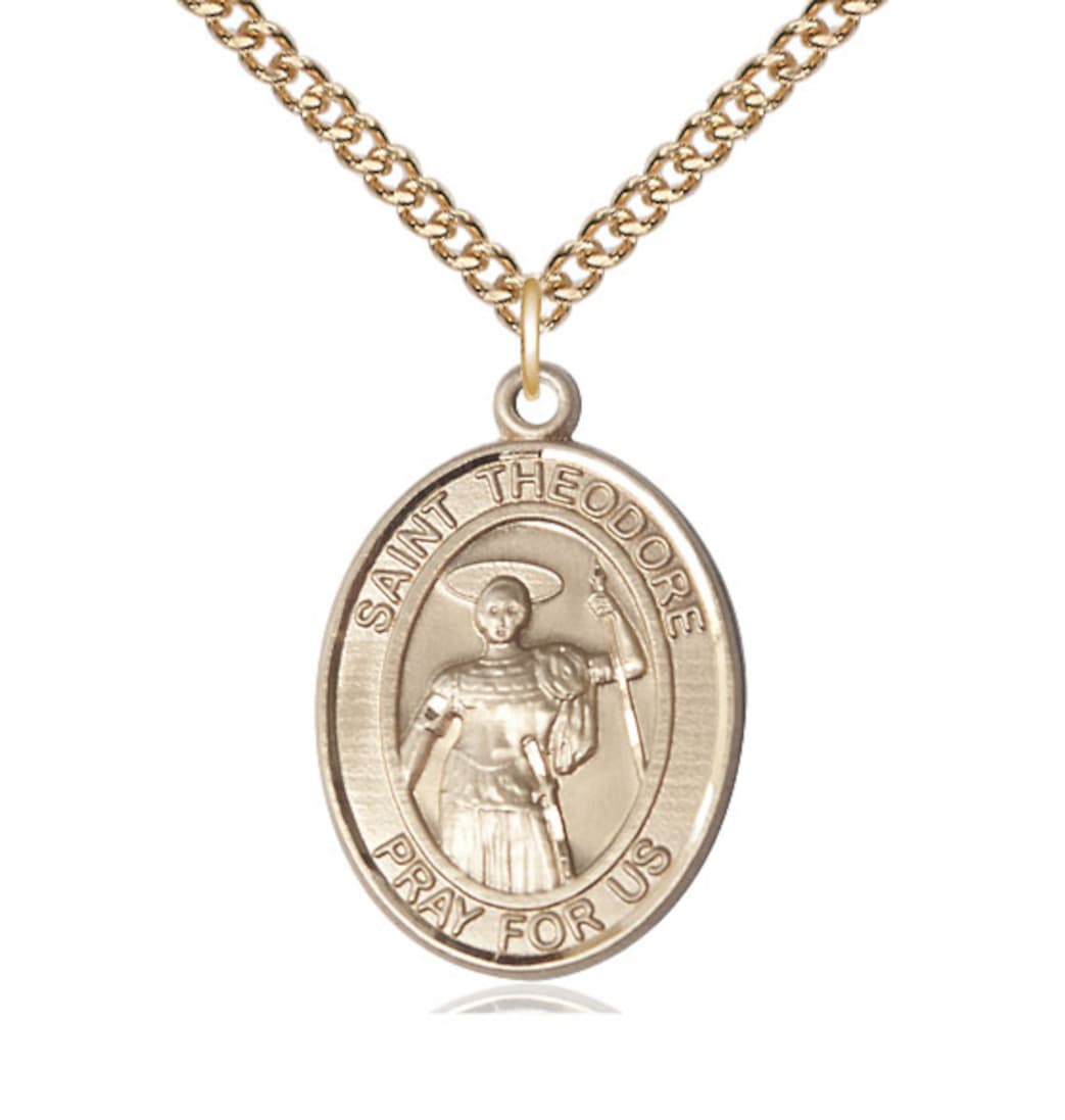 Bliss 14kt Gold Filled St Theodore Stratelates Pendant on a 24 inch Gold Filled Heavy Curb Chain,