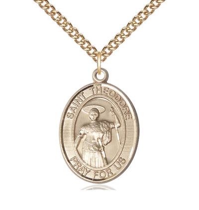 14kt Gold Filled St Theodore Stratelates Pendant on a 24 inch Gold Filled Heavy Curb Chain, Bliss Manufacturing