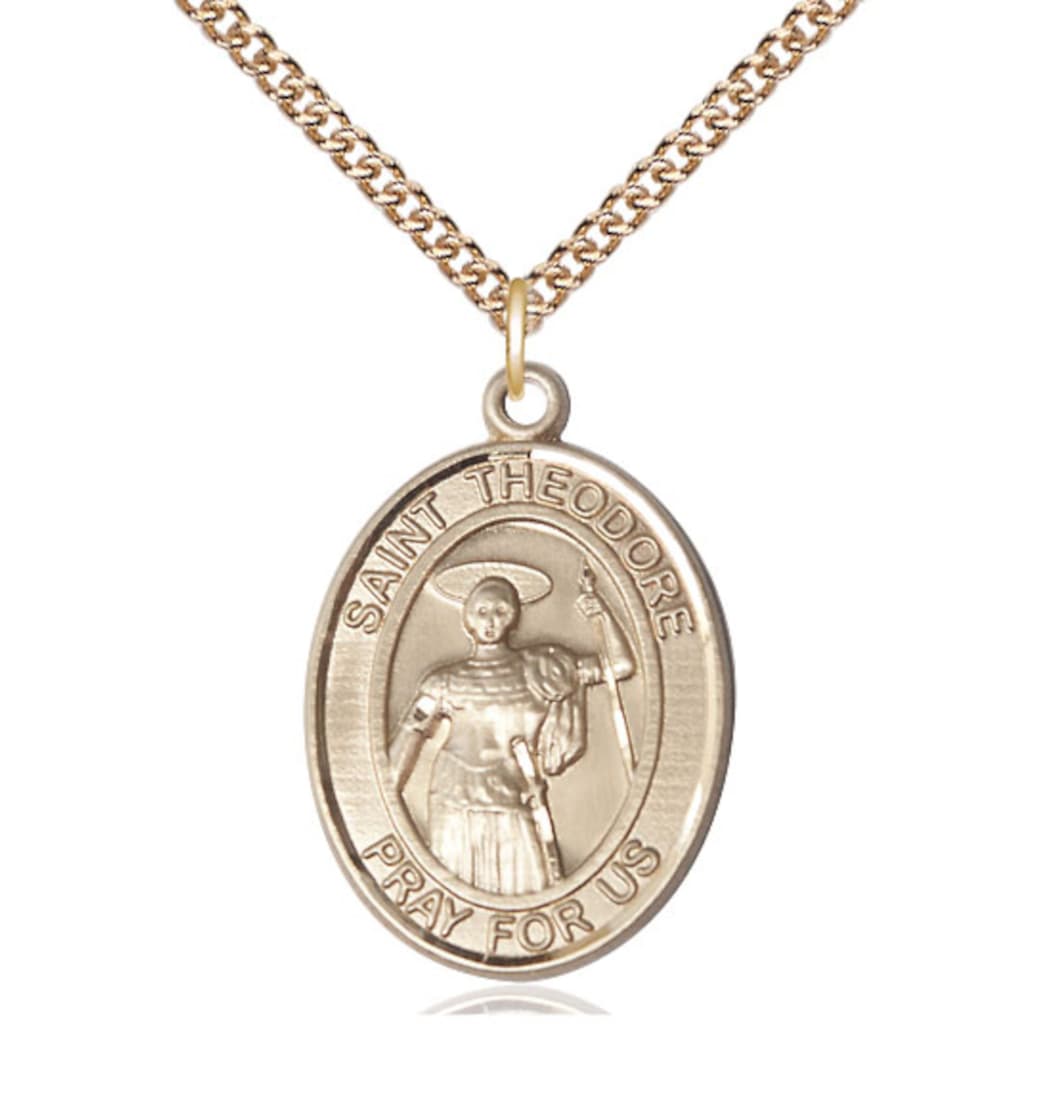 Bliss St Theodore Stratelates 14kt Gold Oval Engravable Large Medal with Chain,