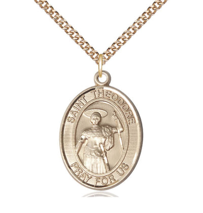 St Theodore Stratelates 14kt Gold Oval Engravable Large Medal with Chain, Bliss Manufacturing