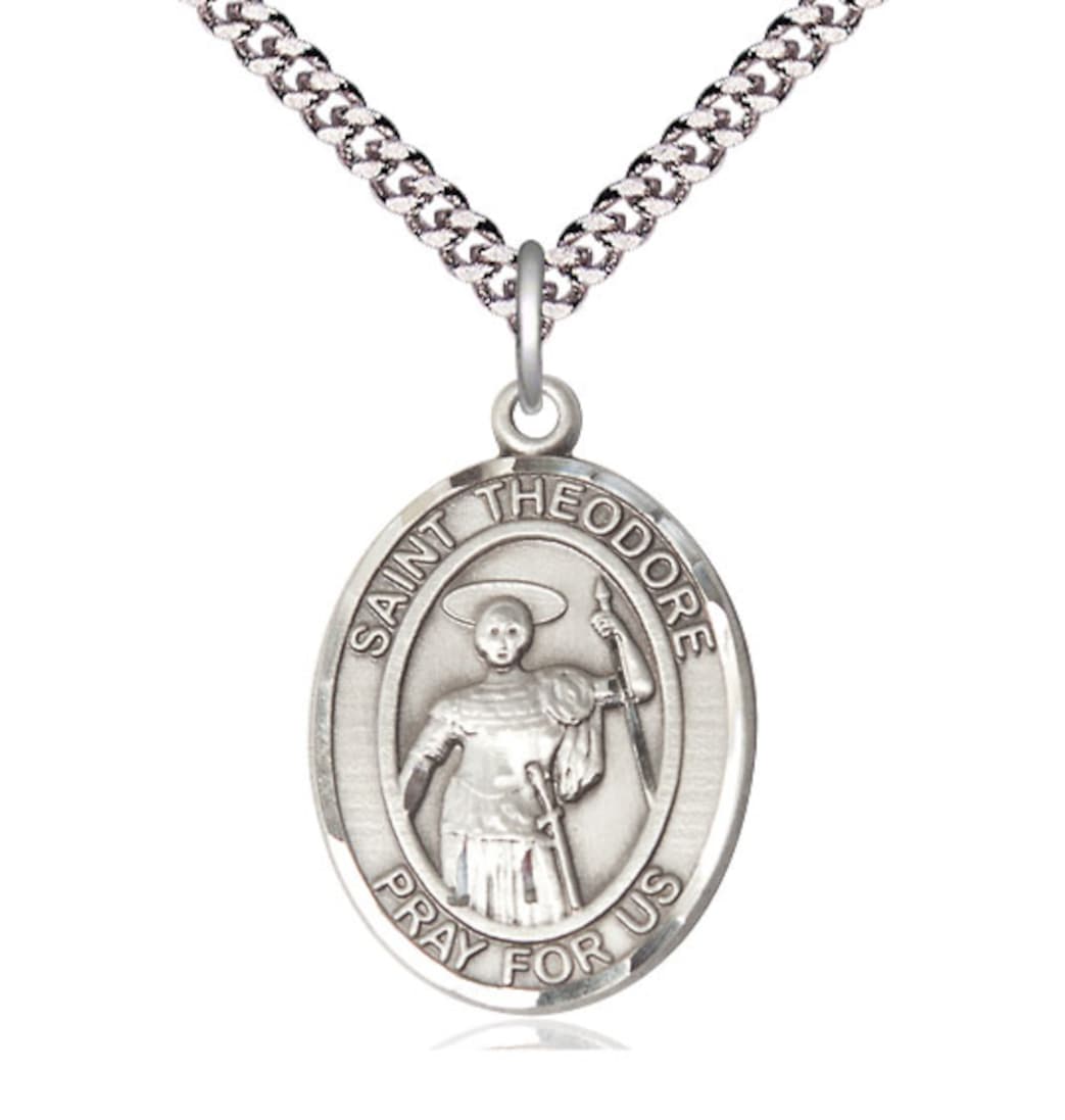 Bliss Sterling Silver St Theodore Stratelates Pendant on a 24 inch Light Rhodium Heavy Curb Chain,