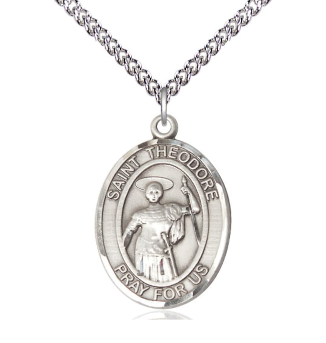 Bliss Sterling Silver St Theodore Stratelates Pendant on a 24 inch Sterling Silver Heavy Curb Chain,