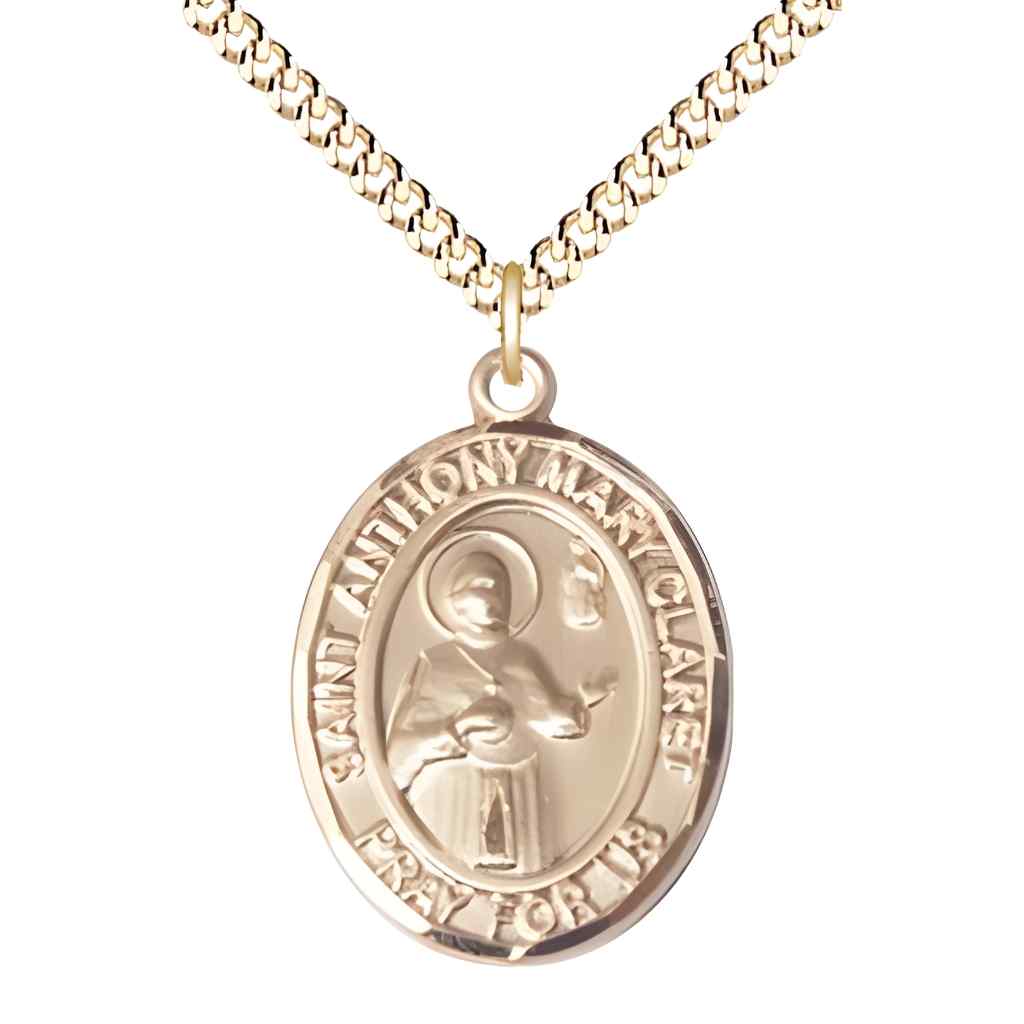 Large Saint Anthony Mary Claret 14kt Gold-filled Oval Medal Pendant with Gold-plated Curb Chain with Deluxe Gift Box | Bliss Manufacturing