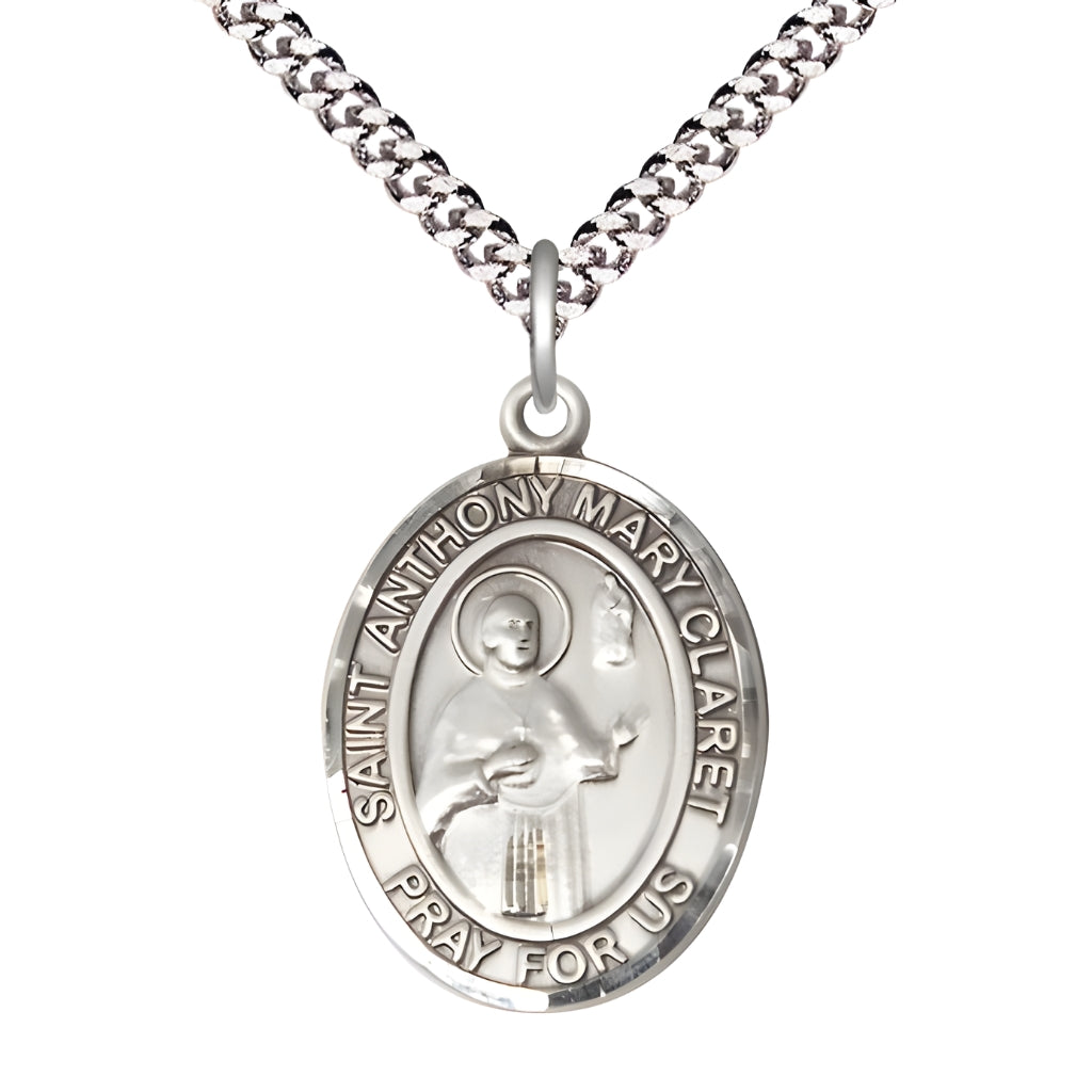 Large Saint Anthony Mary Claret Pewter Oval Medal Pendant with Rhodium-plated Curb Chain with Deluxe Gift Box | Bliss Manufacturing