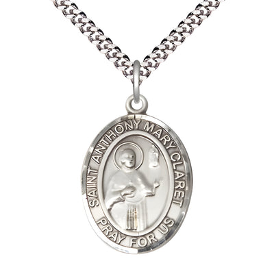 Large Saint Anthony Mary Claret Pewter Oval Medal Pendant with Rhodium-plated Curb Chain with Deluxe Gift Box | Bliss Manufacturing