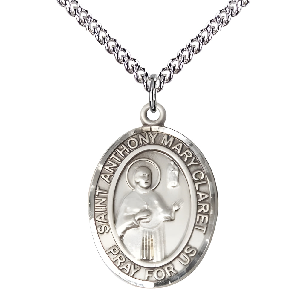 Large Saint Anthony Mary Claret Sterling Silver Oval Medal Pendant with Sterling Silver Curb Chain with Deluxe Gift Box | Bliss Manufacturing