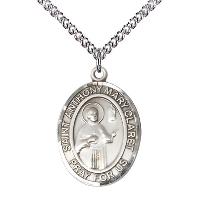 Large Saint Anthony Mary Claret Sterling Silver Oval Medal Pendant with Sterling Silver Curb Chain with Deluxe Gift Box | Bliss Manufacturing