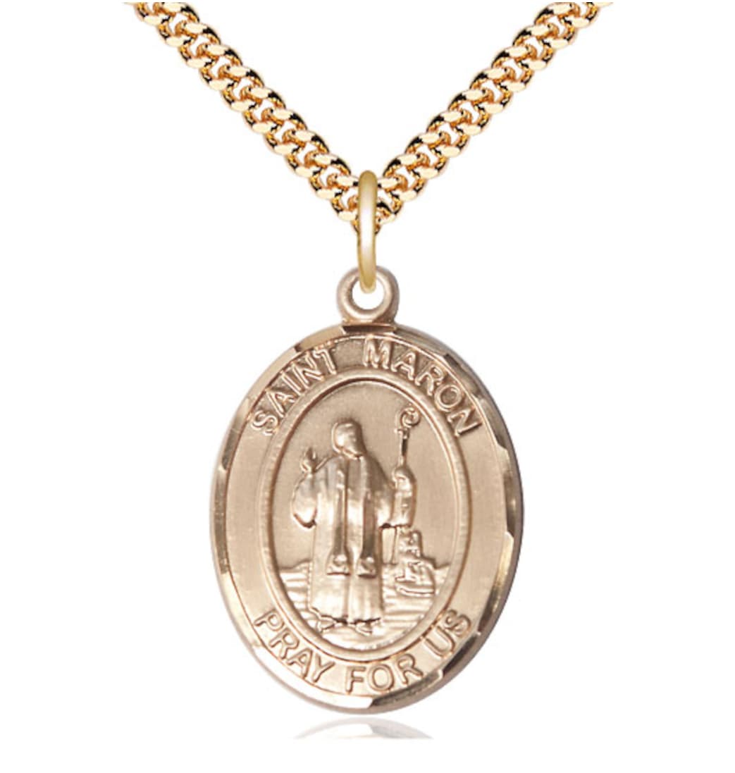 Bliss 14kt Gold Filled St Maron Pendant on a 24 inch Gold Plate Heavy Curb Chain,