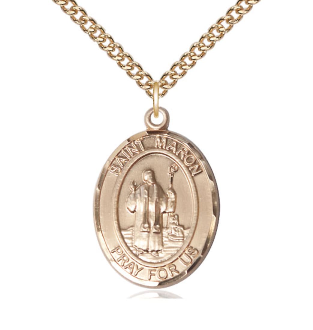 Bliss 14kt Gold Filled St Maron Pendant on a 24 inch Gold Filled Heavy Curb Chain,