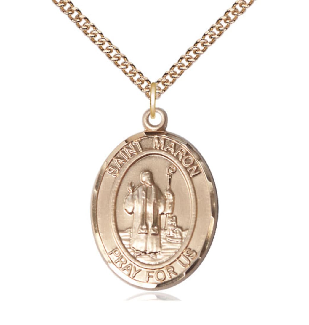 Bliss Manufacturing 14kt Gold St Maron Pendant on a 24 inch 14kt Gold Heavy Curb Chain,