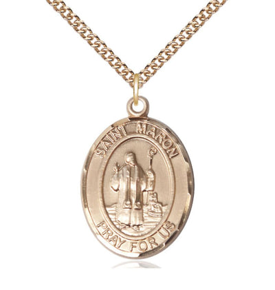 14kt Gold St Maron Pendant on a 24 inch 14kt Gold Heavy Curb Chain, Bliss Manufacturing