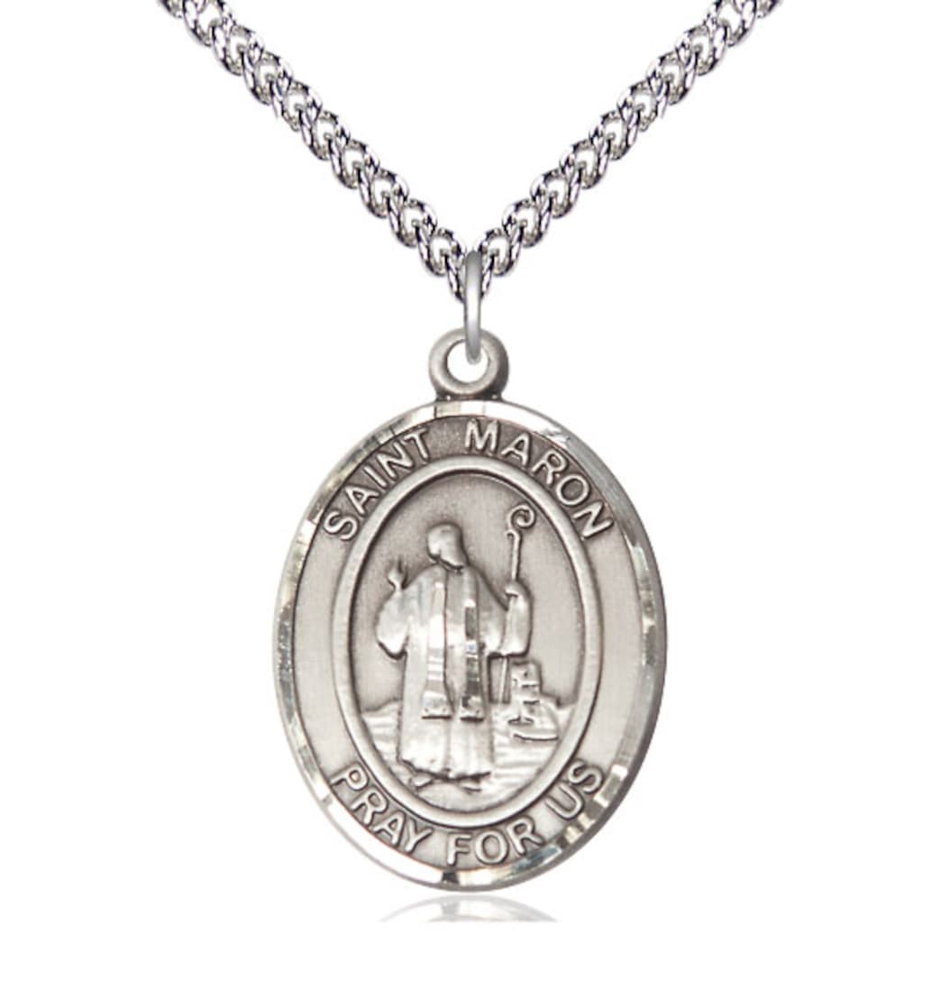 Bliss Sterling Silver St Maron Pendant on a 24 inch Sterling Silver Heavy Curb Chain,