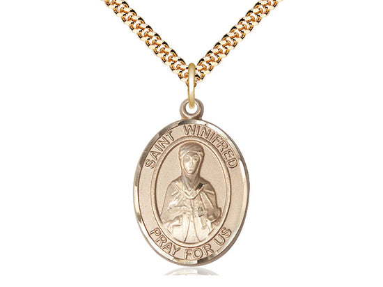 Bliss Large 14kt Gold Filled St Winifred of Wales Pendant on a 24 inch Gold Plate Heavy Curb Chain,