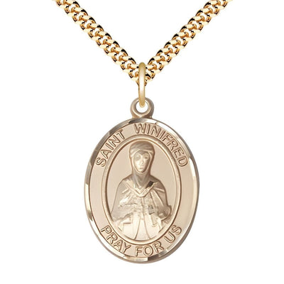 St. Winifred of Wales 14kt Gold-filled Oval Medal Pendant with Gold-plated Chain, Measures 1-inch tall by 3/4-inch wide, Bliss Manufacturing