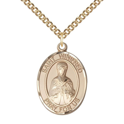St. Winifred of Wales 14kt Gold-filled Oval Medal Pendant with Gold-filled Chain, Measures 1-inch tall by 3/4-inch wide, Bliss Manufacturing