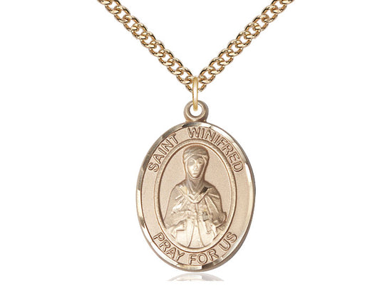 Large Bliss 14kt Gold Filled St Winifred of Wales Pendant on a 24 inch Gold Filled Heavy Curb Chain,