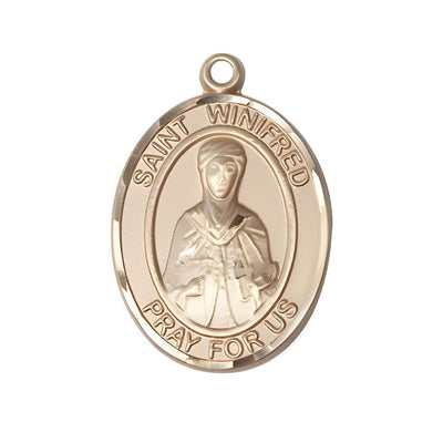 St. Winifred of Wales 14kt Gold Oval Medal Pendant, Measures 1-inch tall by 3/4-inch wide, Bliss Manufacturing