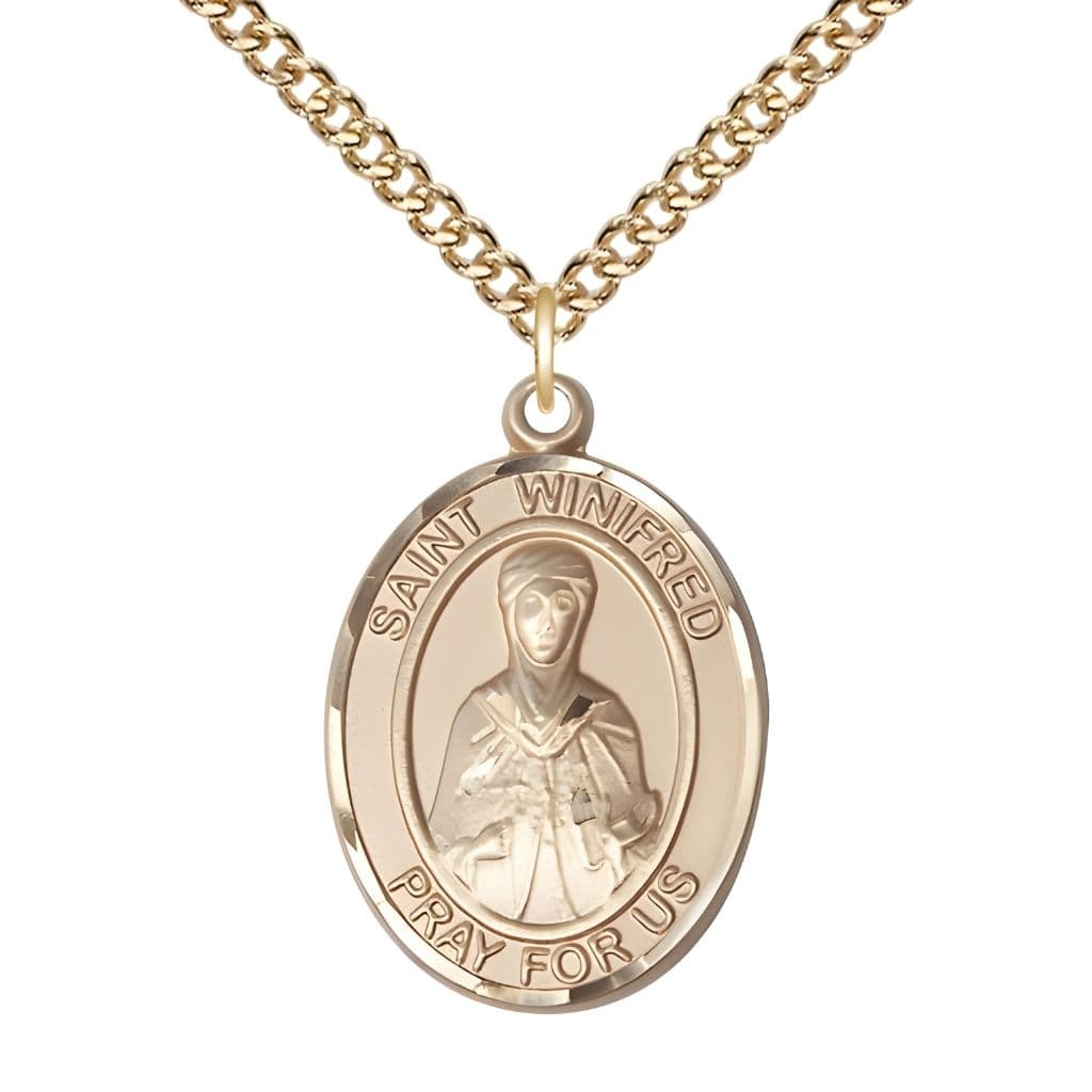 Bliss St. Winifred of Wales 14kt Gold Oval Medal Pendant with 14kt Gold Chain, Measures 1-inch tall by 3/4-inch wide.