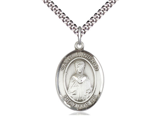 Bliss Large Pewter St Winifred of Wales Pendant on a 24 inch Light Rhodium Plated Heavy Curb Chain,