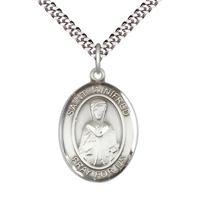 St. Winifred of Wales Sterling Silver Oval Medal Pendant with Rhodium-plated Chain, Measures 1-inch tall by 3/4-inch wide, Bliss Manufacturing
