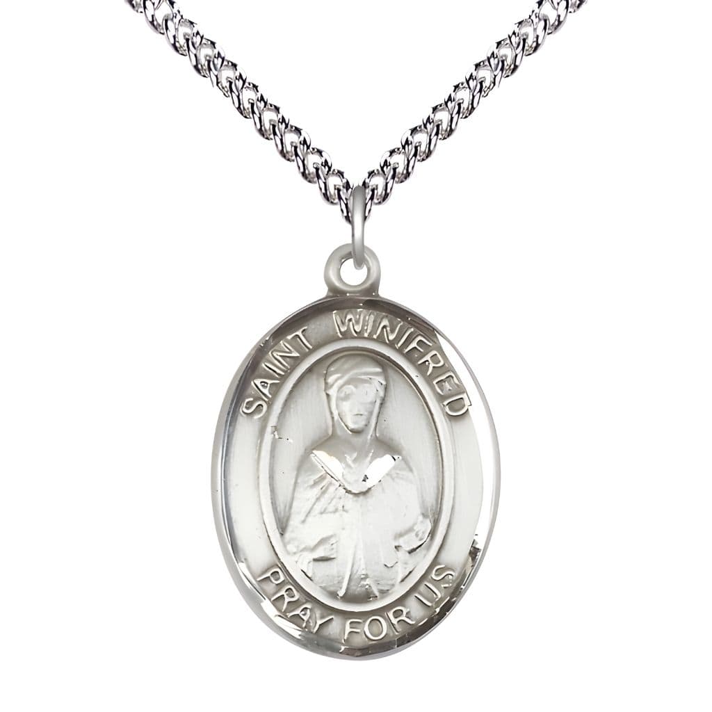 Bliss St. Winifred of Wales Sterling Silver Oval Medal Pendant with Sterling Chain, Measures 1-inch tall by 3/4-inch wide.