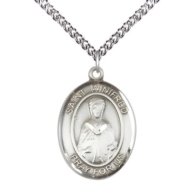 St. Winifred of Wales Sterling Silver Oval Medal Pendant with Sterling Chain, Measures 1-inch tall by 3/4-inch wide, Bliss Manufacturing
