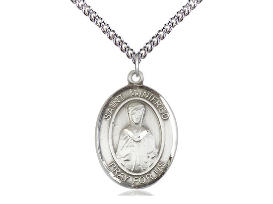 Large Bliss Sterling Silver St Winifred of Wales Pendant on a 24 inch Sterling Silver Heavy Curb Chain,