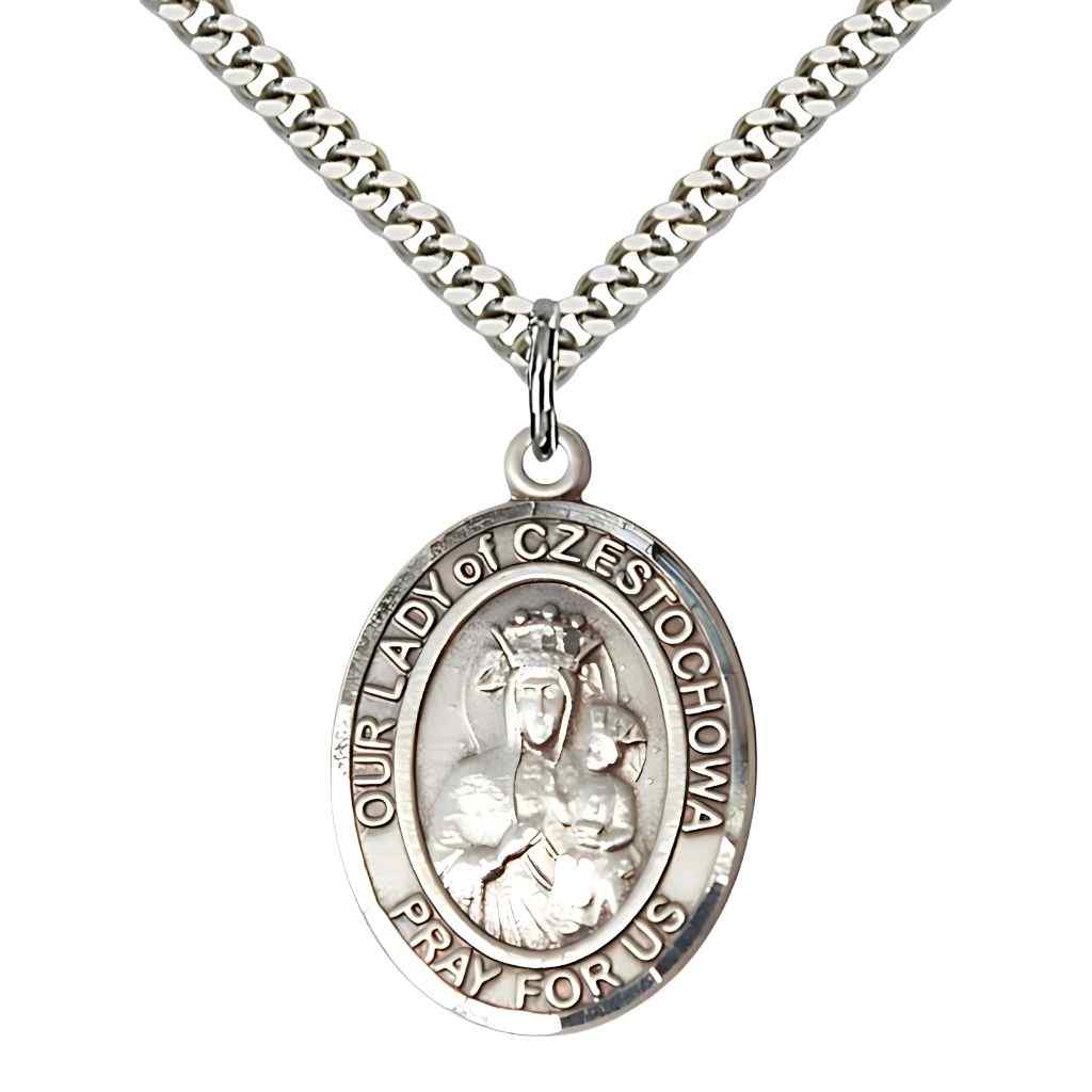 Large Our Lady of Czestochowa Pewter Oval Medal Pendant with Rhodium-plated Chain, Deluxe Gift Box
