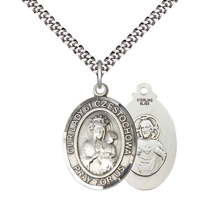Large Our Lady of Czestochowa with the Sacred Heart of Jesus on back Sterling Silver Oval Medal Pendant with Rhodium-plated Chain, Deluxe Gift Box