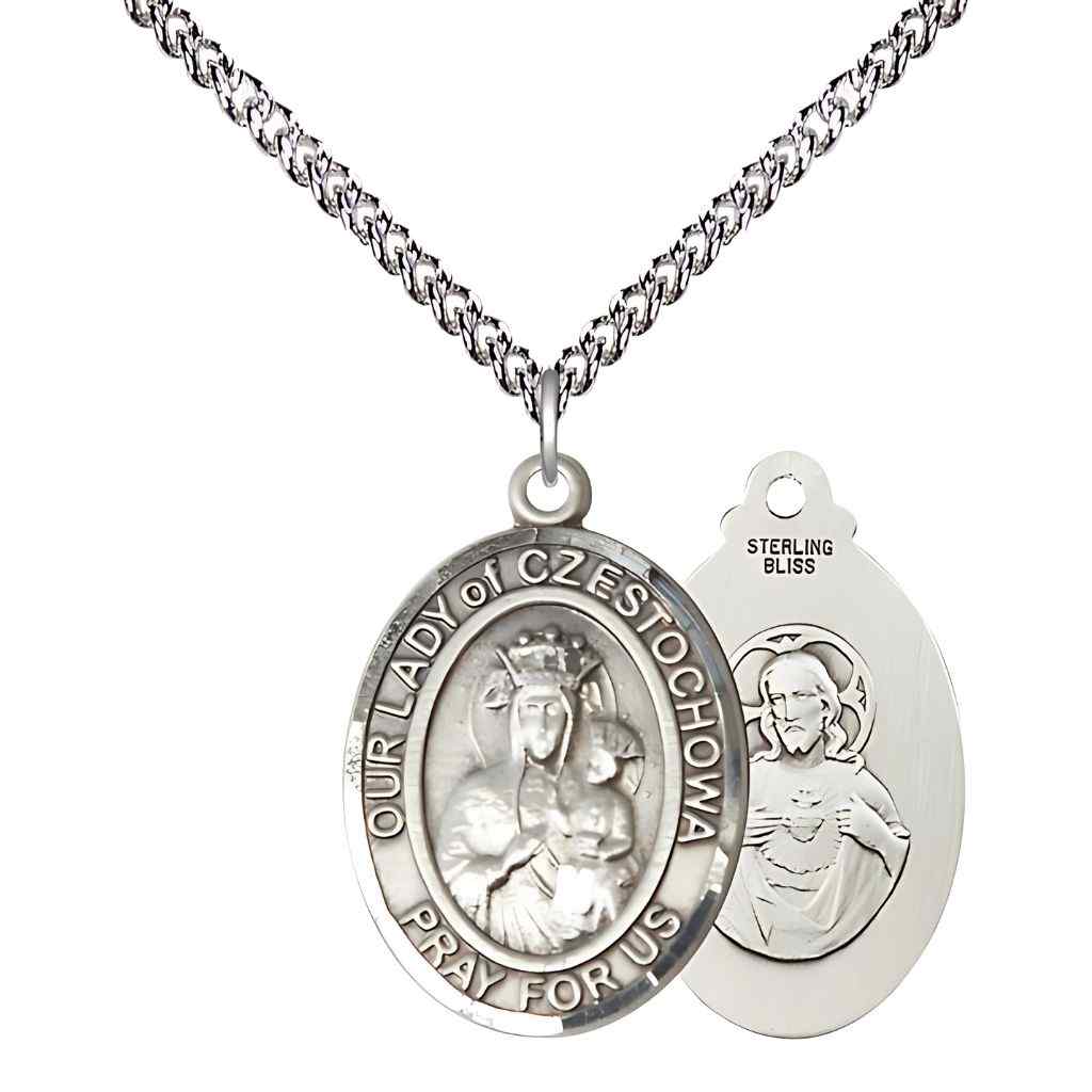 Large Our Lady of Czestochowa with the Sacred Heart of Jesus on backSterling Silver Oval Medal Pendant with Sterling Silver Chain, Deluxe Gift Box
