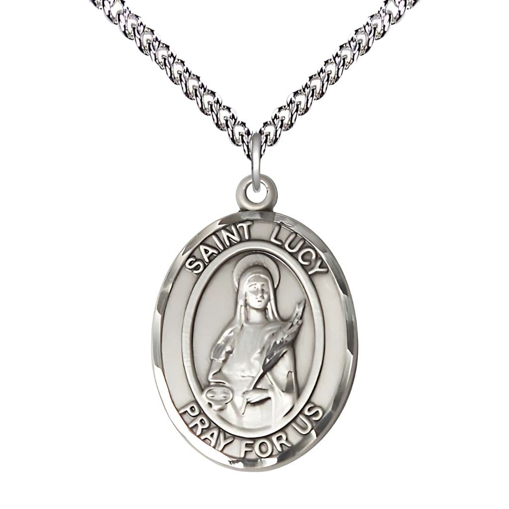 Bliss St. Lucy Sterling Silver Oval Engravable Medal Necklace with Sterling Silver, 1-inch, Made in USA,