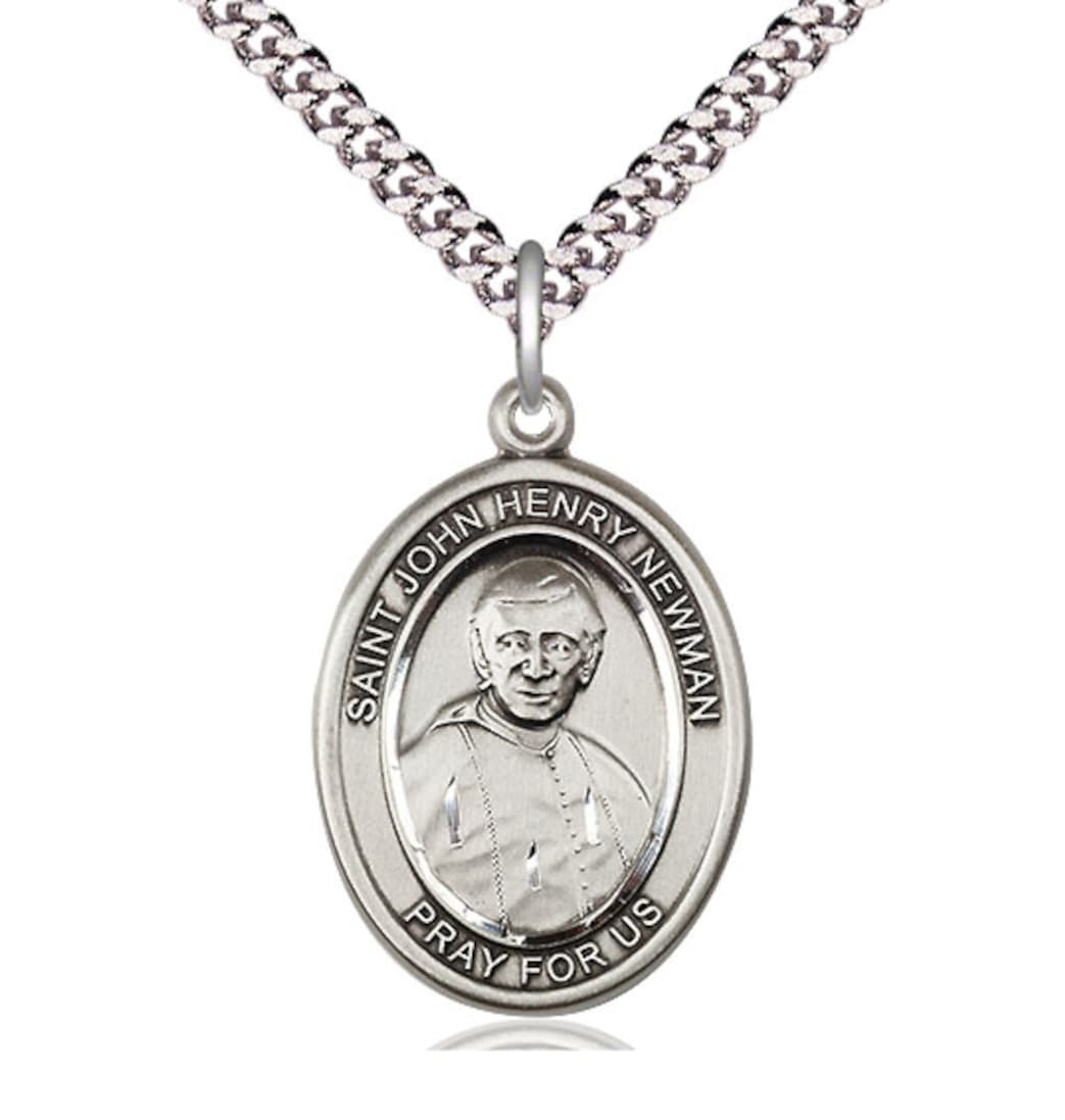 Bliss St John Henry Newman Pewter Oval  Engravable Large Medal Necklace with Chain,