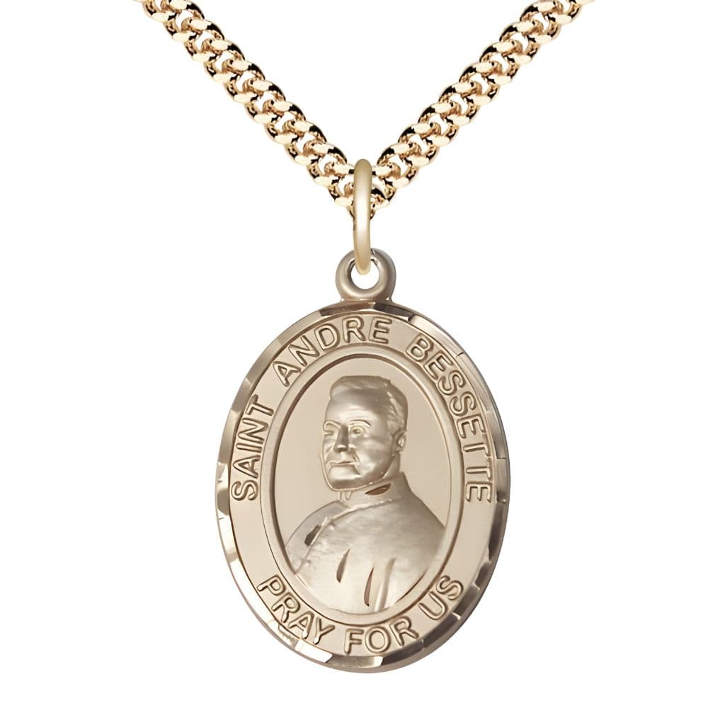 Bliss St. Andre Bessette 14kt Gold-filled Oval Medal Pendant with Gold-plated Chain, Measures 1-inch tall by 3/4-inch wide.