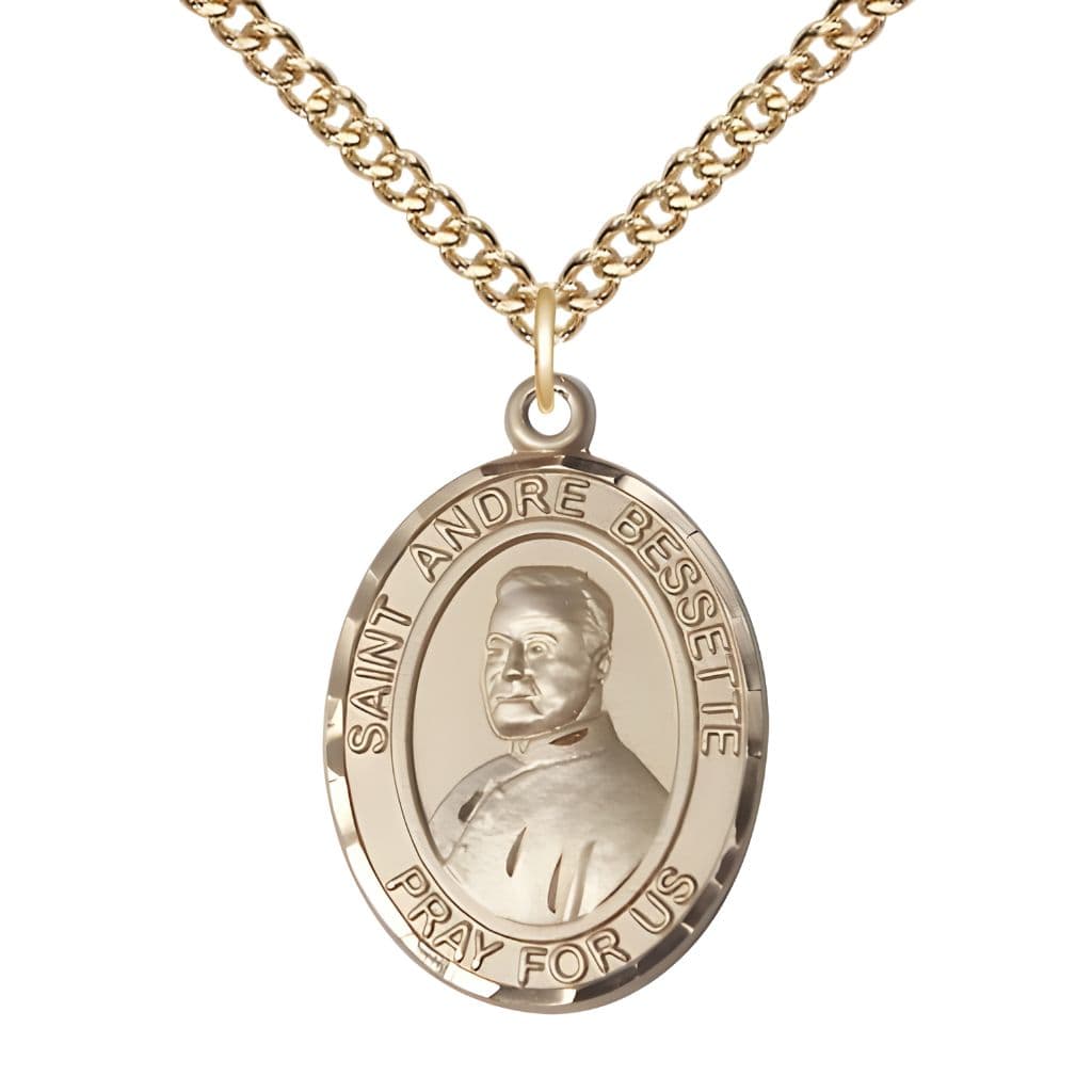 Bliss St. Andre Bessette 14kt Gold-filled Oval Medal Pendant with Gold-filled Chain, Measures 1-inch tall by 3/4-inch wide.