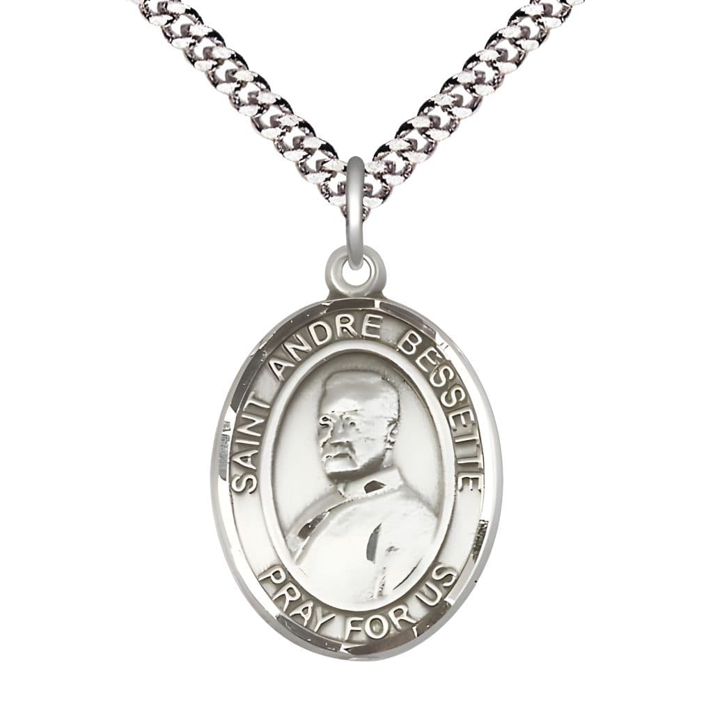Bliss St. Andre Bessette Pewter Oval Medal Pendant with Rhodium-plated Chain, Measures 1-inch tall by 3/4-inch wide.