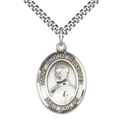 St. Andre Bessette Pewter Oval Medal Pendant with Rhodium-plated Chain, Measures 1-inch tall by 3/4-inch wide, Bliss Manufacturing