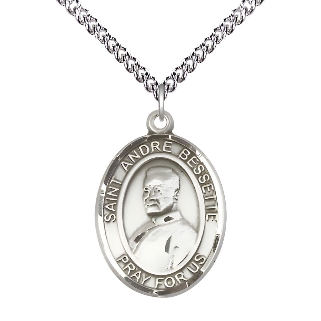 Bliss St. Andre Bessette Sterling Silver Oval Medal Pendant with Sterling Chain, Measures 1-inch tall by 3/4-inch wide.