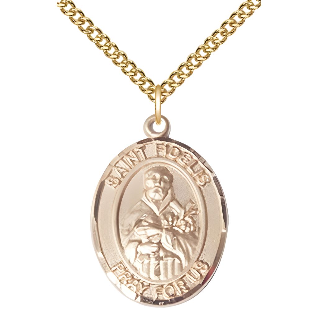 Bliss St. Fidelis of Sigmaringen 14kt Gold-filled Oval Medal Pendant with Gold-filled Chain, Measures 1-inch tall by 3/4-inch wide. Deluxe Gift Box.