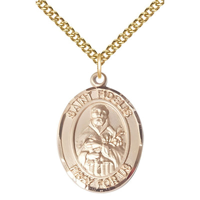 St. Fidelis of Sigmaringen 14kt Gold Oval Medal Pendant with 14kt Gold Chain, Measures 1-inch tall by 3/4-inch wide. Deluxe Gift Box, Bliss Manufacturing